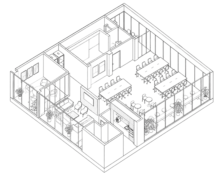 Isometric line drawing of the Inner Circle office layout