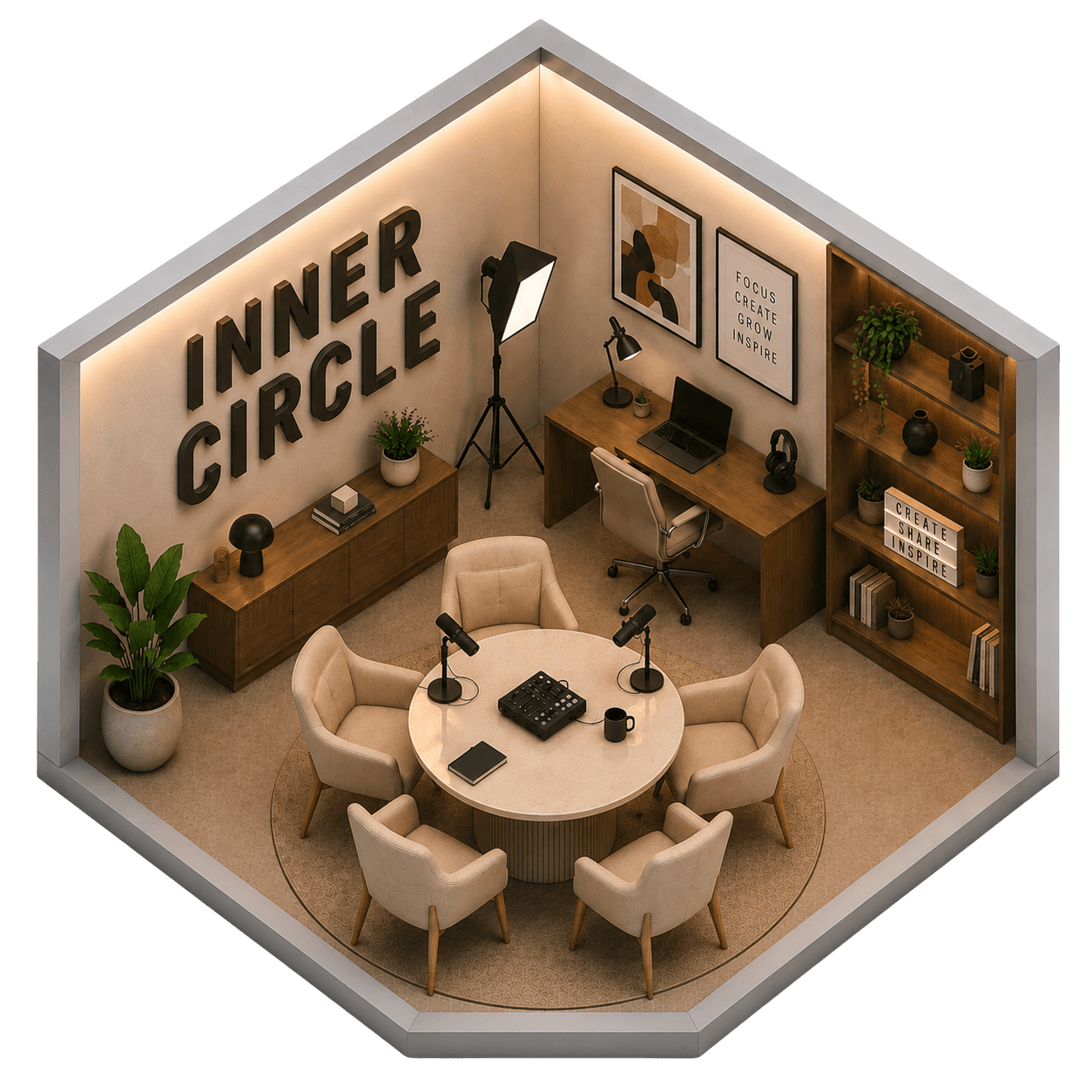 Isometric render of the Inner Circle space